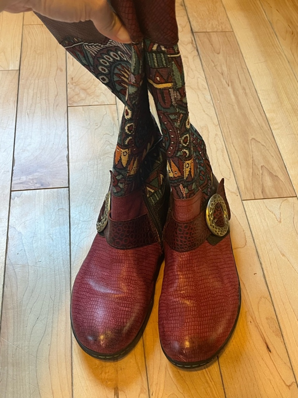 Socofy Tapestry and Leather Tall boots zip up side decorative silver buckle 39 - Picture 7 of 11